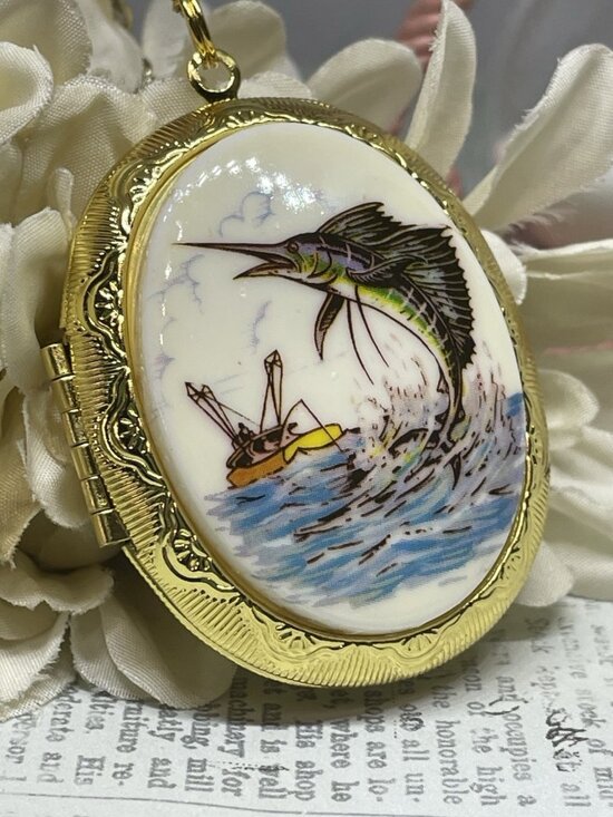 FANCY FOX BOUTIQUE Jewelry - GOLD Locket Necklace Beach Marlin Swordfish Sea Wedding Photo Jewelry Birthday